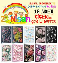 10lu Çiçek Temalı Çizgili Okul Defteri Seti - 64 Sayfa