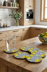 Sicilya Serisi Limon Desenli Bardak Altlığı 6'lı Set – UV Baskı, 3 mm MDF Dekoratif Bardak Altlık