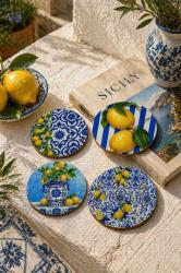 Limon Desenli Bardak Altlığı 4'lü Set – Sicilya Temalı - 9 cm, 3 mm MDF, UV Baskı, Dekoratif Bardak Altlık
