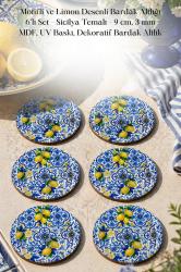 Motifli ve Limon Desenli Bardak Altlığı 6'lı Set – Sicilya Temalı - 9 cm, 3 mm MDF, UV Baskı, Dekoratif Bardak Altlık