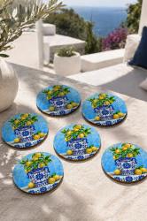 Limonlu Biblo Motifli Bardak Altlığı 6'lı Set – Sicilya Temalı - 9 cm, 3 mm MDF, UV Baskı, Dekoratif Bardak Altlık