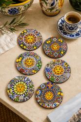 Sunshine Sicilya Temalı Bardak Altlığı 6'lı Set – Güneş Figürlü Limon Desenli, 9 cm, 3 mm MDF, UV Baskı Dekoratif Bardak Altlık