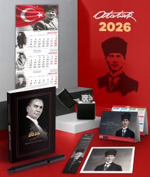 2026 Atatürk Gazi Paşa Ajanda - Ayyıldız Duvar Takvimi - Masa Takvimi - Ayraç - Kartpostal - Metal Roller Kalem ve Benzinli Çakmak