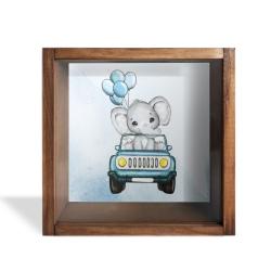 Camlı Ahşap Kumbara Mavi Arabalı Fil HK0659