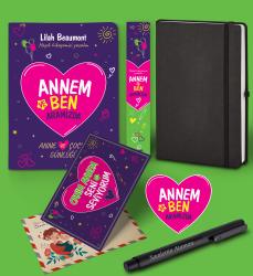 Annem ve Ben Aramızda Günlüğü Karpostal-Ayraç ve Siyah Termo Deri ve Siyah Roller Kalem Seti