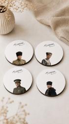 Atatürk Bardak Altlığı 4'lü Set 9 cm, 3 mm MDF, UV Baskı, Dekoratif Bardak Altlık