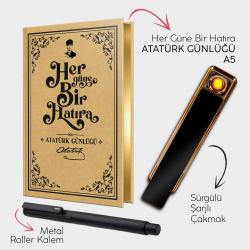 Atatürk Günlüğü A5 - Sürgülü Şarjlı Çakmak - Metal Roller Kalem