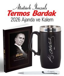 Atatürk İmza Baskılı Kulplu Termos Bardak ve 2026 Atatürk Ajanda - Ayraç - Kartpostal - Kalem