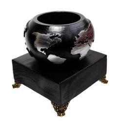 Büyük Dünya Beton Saksı Siyah Gümüş , Metal Ayaklı Ahşap Stand HK1570-G