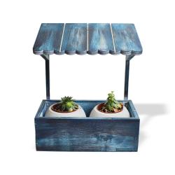 Çatılı Dekoratif 2'li Beton Saksı Standı, Mavi Eskitme Desenli HK1594-ME