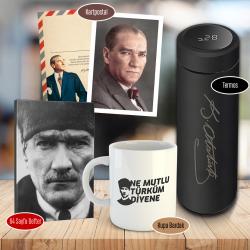 Dereceli Atatürk İmzalı Termos - 64 Sayfa Erzurum Atatürk Defter - Kartpostal ve Ne Mutlu Türküm Diyene Kupa Bardak