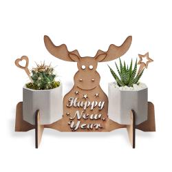 Beton Saksılı Sevimli Geyik Desenli Ahşap Stand HK1682