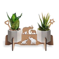 Beton Saksılı Yavrulu Fil Desenli Ahşap Stand HK1692