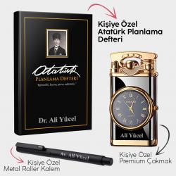Kişiye Özel - Kalpaklı Siyah Planlama Defteri  - Retro Piano Black Saatli Çakmak - Metal Roller Kalem