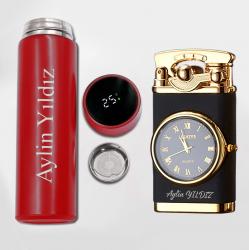 Kişiye Özel Kırmızı Dereceli Termos ve  Retro Mat Siyah Saatli Çakmak