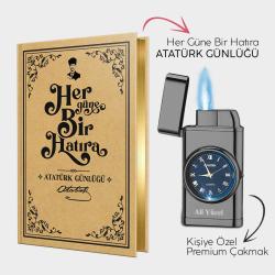 Kişiye Özel - Piano Black Saatli Çakmak ve Atatürk Günlüğü
