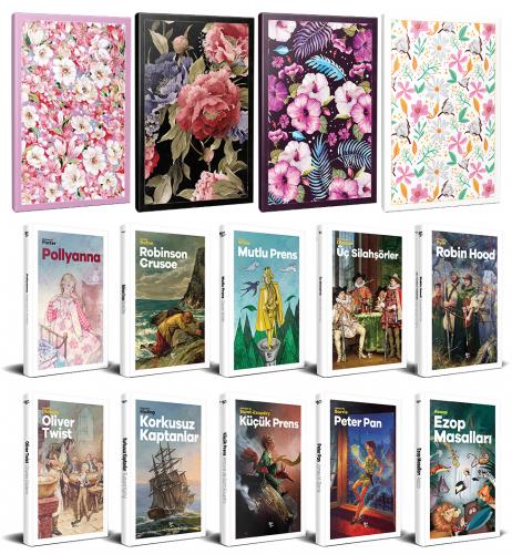 10 Dünya Çocuk Klasiği ve 4 Çiçekli Çizgili Defter -Set-2 - Halk