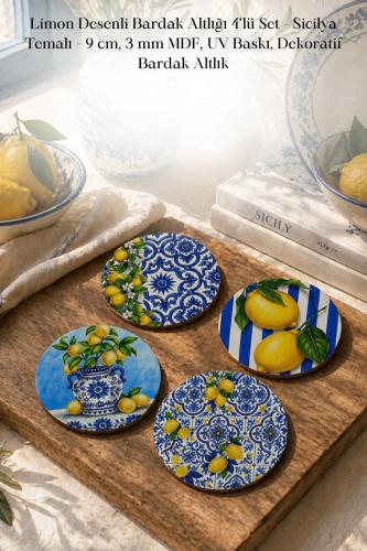 Limon Desenli Bardak Altlığı 4’lü Set – Sicilya Temalı - 9 cm, 3 mm 