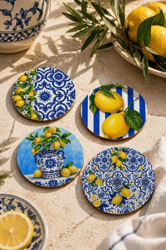 Limon Desenli Bardak Altlığı 4’lü Set – Sicilya Temalı - 9 cm, 3 mm 