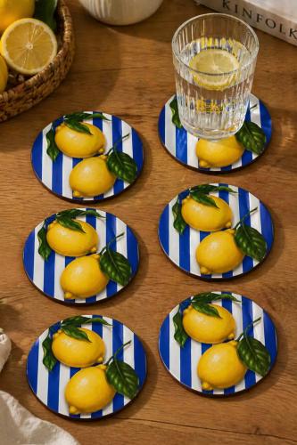 Çizgili Limon Desenli Bardak Altlığı 6'lı Set – 9 cm, 3 mm MDF, UV Bas Çizgili Limon Desenli Bardak Altlığı 6'lı Set – 9 cm, 3 mm MDF, UV Bas