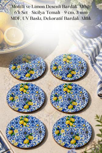 Motifli ve Limon Desenli Bardak Altlığı 6'lı Set – Sicilya Temalı - 9 cm, 3 mm MDF, UV Baskı, Dekoratif Bardak Altlık