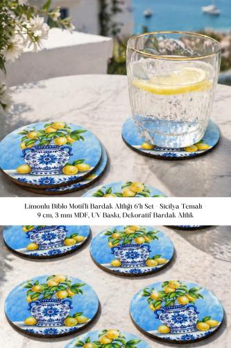 Limonlu Biblo Motifli Bardak Altlığı 6'lı Set – Sicilya Temalı - 9 cm,