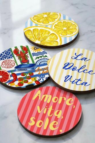 La Dolce Vita Bardak Altlığı 4'lü Set – Sicilya Temalı - 9 cm, 3 mm MD