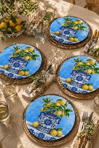Limonlu Biblo Motifli 4'lü Supla Set – Sicilya Temalı - 30 cm, 3 mm MDF, UV Baskı, Masa Sunumu