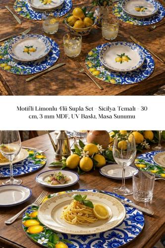 Motifli Limonlu 4'lü Supla Set – Sicilya Temalı - 30 cm, 3 mm MDF, UV