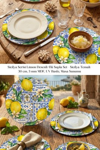 Sicilya Serisi Limon Desenli 4'lü Supla Set – Sicilya Temalı - 30 cm,
