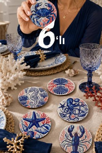Marin Deniz Temalı Bardak Altlığı 6'lı Set – Yengeç, Ahtapot, Istakoz,