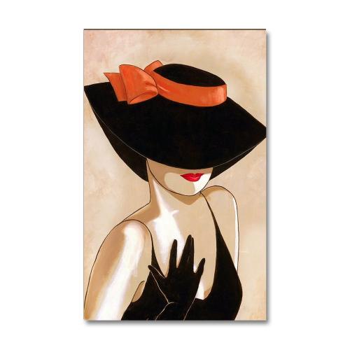 Vera Kırmızı Fiyonk Şapkalı Kadın Baskılı Retro Ahşap Tablo - Halkkita