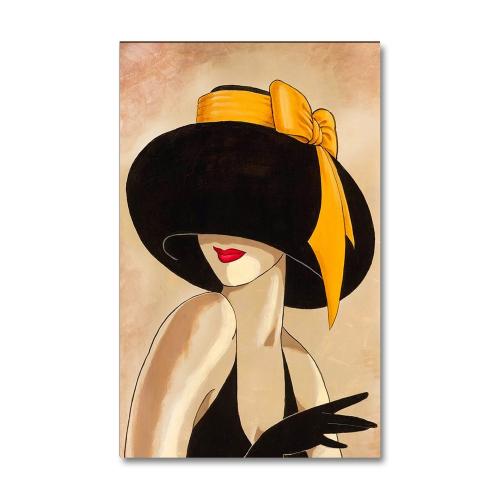 Vera Sarı Fiyonk Şapkalı Kadın Baskılı Retro Ahşap Tablo - Halkkitabev
