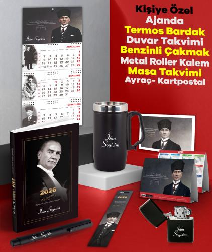 2026 Atatürk Gazi Paşa Ajanda - Termos Bardak - Gazi Duvar Takvimi - Masa Takvimi - Ayraç - Kartpostal - Metal Roller Kalem ve Benzinli Çakmak