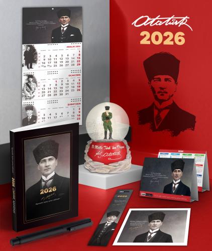 2026 Atatürk Kalpaklı Ajanda - Gazi Duvar Takvimi - Masa Takvimi - Ayraç - Kartpostal - Metal Roller Kalem ve İzmir Marşı Kar Küresi