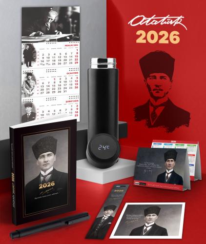 2026 Atatürk Kalpaklı Ajanda - İmza Duvar Takvimi - Masa Takvimi - Ayraç - Kartpostal - Metal Roller Kalem ve Dereceli Termos