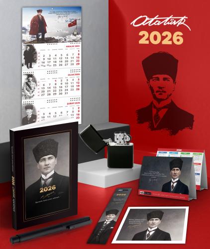 2026 Atatürk Kalpaklı Ajanda - Sakarya Duvar Takvimi - Masa Takvimi - Ayraç - Kartpostal - Metal Roller Kalem ve Benzinli Çakmak
