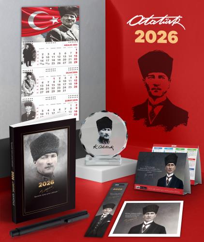 2026 Atatürk Komutan Ajanda - Ayyıldız Duvar Takvimi - Masa Takvimi - Ayraç - Kartpostal - Metal Roller Kalem ve Kristal Portre