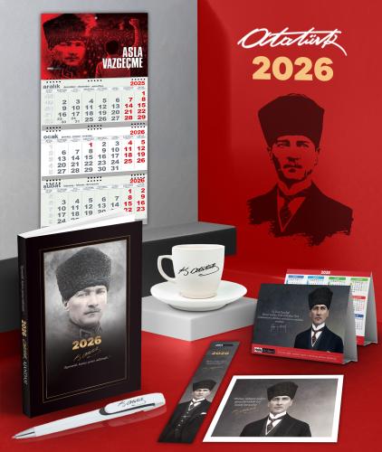 2026 Atatürk Komutan Ajanda - Duvar Takvimi-AV - Masa Takvimi - Ayraç - Kartpostal - Metal Roller Kalem ve İmza Kahve Fincanı