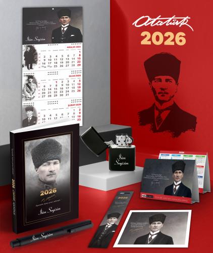 Kişiye Özel 2026 Atatürk Komutan Ajanda - Gazi Duvar Takvimi - Masa Takvimi - Ayraç - Kartpostal - Metal Roller Kalem ve Benzinli Çakmak