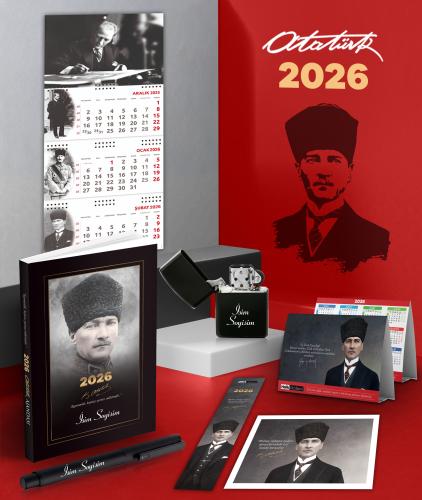 Kişiye Özel 2026 Atatürk Komutan Ajanda - İmza Duvar Takvimi - Masa Takvimi - Ayraç - Kartpostal - Metal Roller Kalem ve Benzinli Çakmak