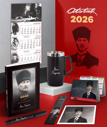 Kişiye Özel 2026 Atatürk Komutan Ajanda - İmza Duvar Takvimi - Masa Takvimi - Ayraç - Kartpostal - Metal Roller Kalem ve Kulplu Termos Bardak