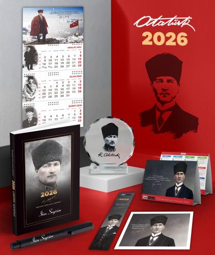 Kişiye Özel 2026 Atatürk Komutan Ajanda - Sakarya Duvar Takvimi - Masa Takvimi - Ayraç - Kartpostal - Metal Roller Kalem ve Kristal Portre