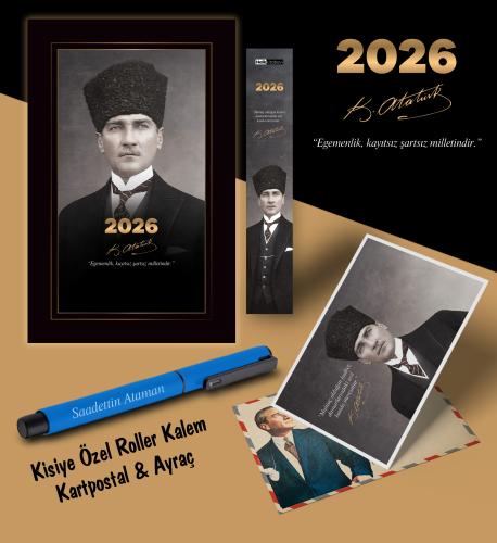 2026 Kalpaklı Atatürk Ajandası Ayraç Kartpostal Kalem - Mavi - Halkkit