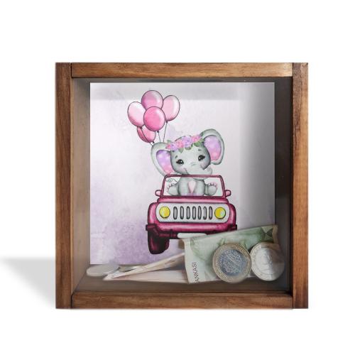 Camlı Ahşap Kumbara Kırmızı Arabalı Fil - Halkkitabevi