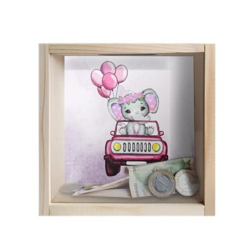 Camlı Ahşap Kumbara Kırmızı Arabalı Fil Ham Ahşap - Halkkitabevi