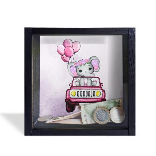 Camlı Ahşap Kumbara Kırmızı Arabalı Fil Siyah - Halkkitabevi