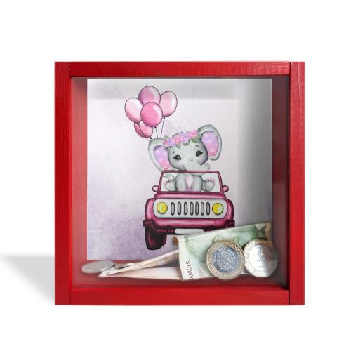 Camlı Ahşap Kumbara Kırmızı Arabalı Fil Kırmızı - Halkkitabevi