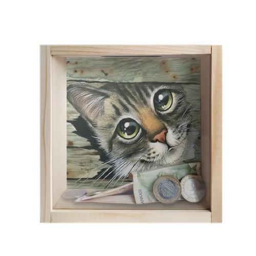 Camlı Ahşap Kumbara Kedicik Ham Ahşap - Halkkitabevi