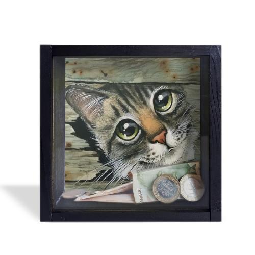 Camlı Ahşap Kumbara Kedicik Siyah - Halkkitabevi